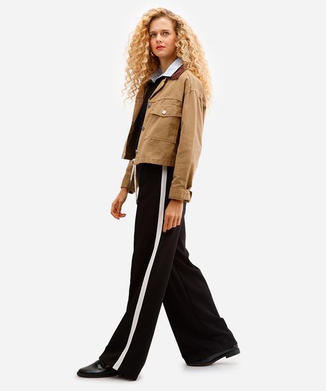 calça wide leg cós com elástico bicolor - preto
