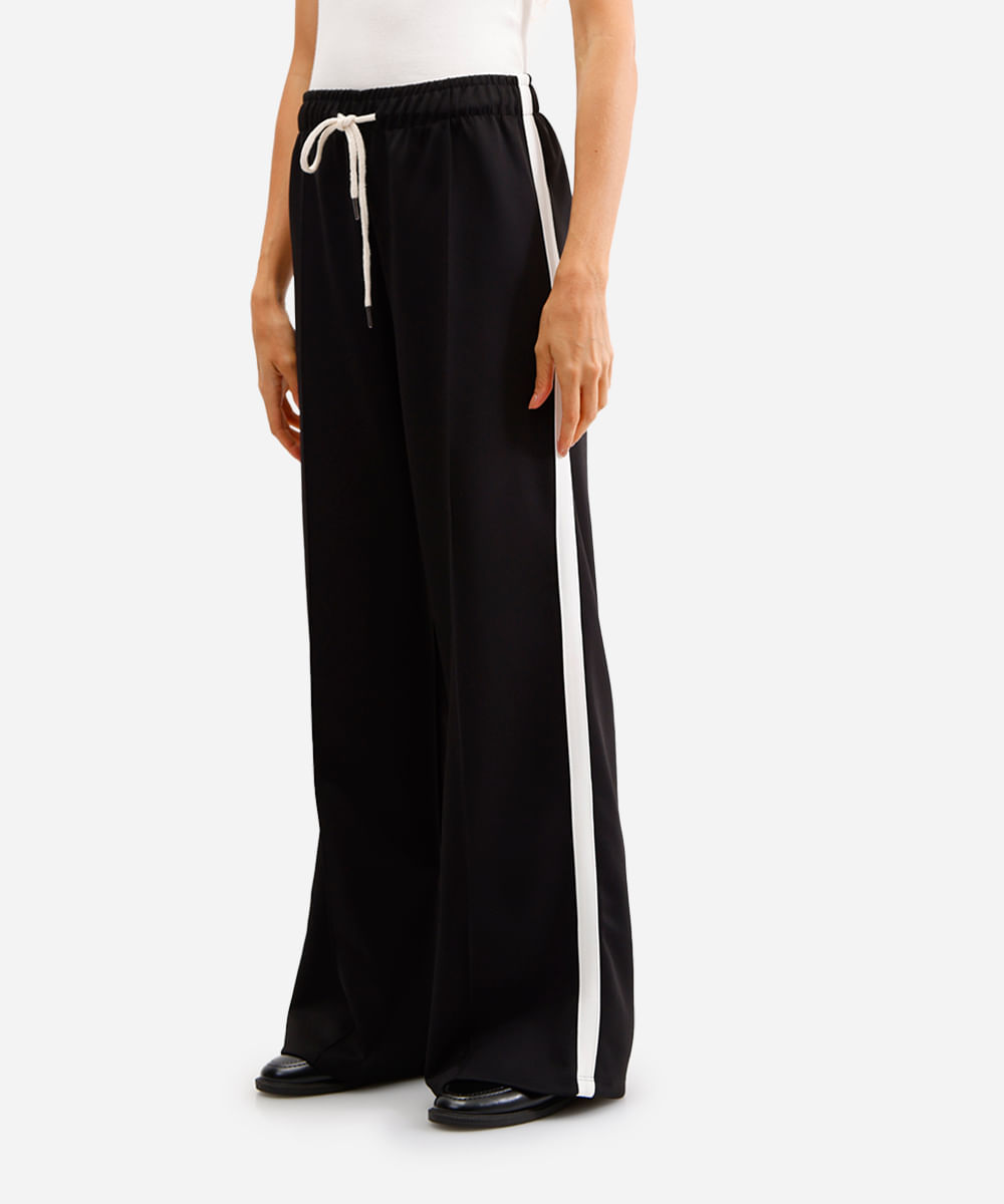 calça wide leg cós com elástico bicolor - preto
