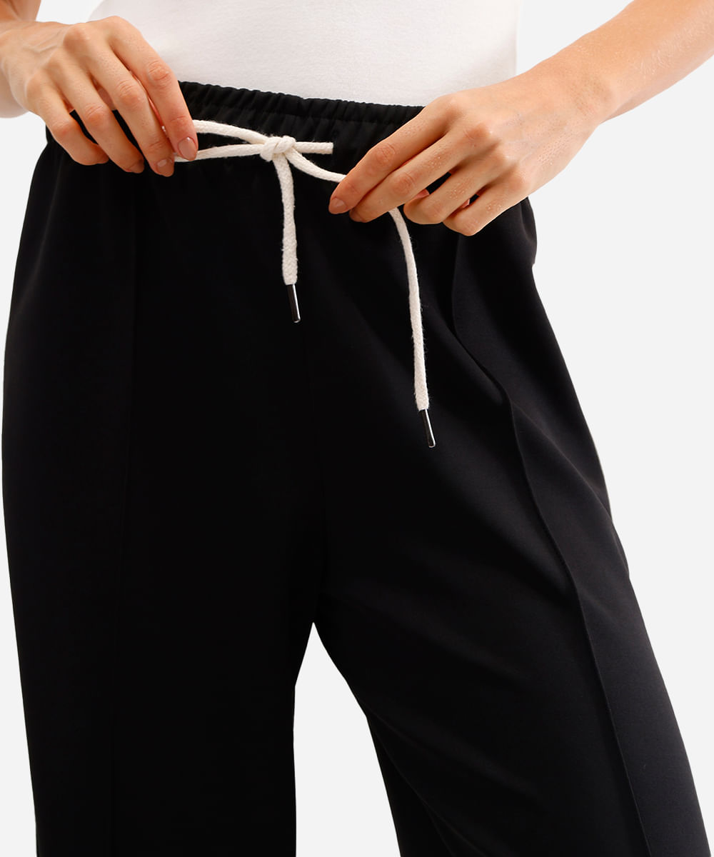 calça wide leg cós com elástico bicolor - preto