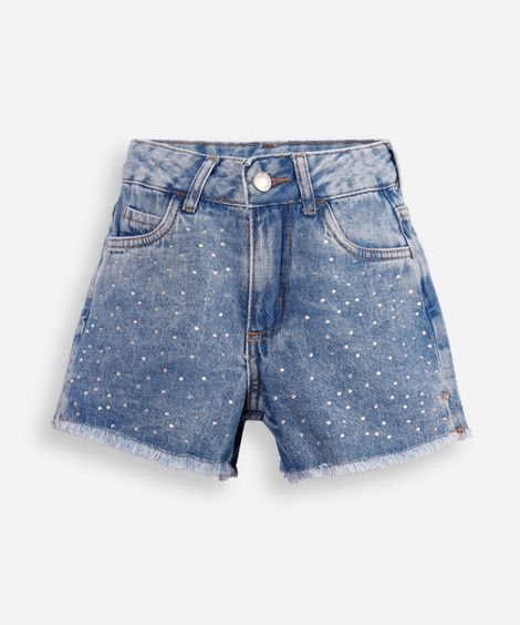 short mom jeans infantil com strass azul