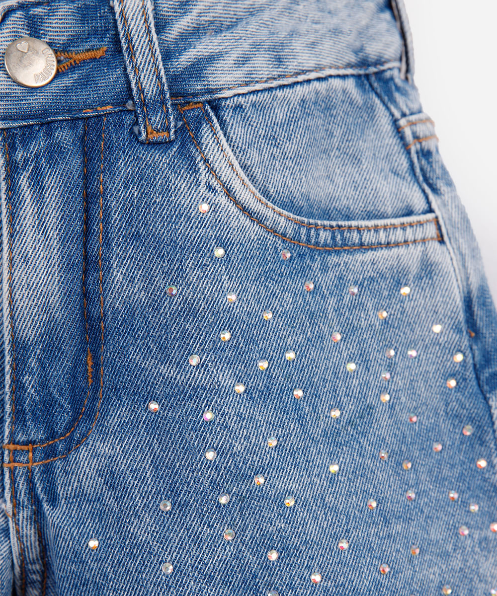 short mom jeans infantil com strass azul