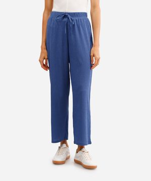 calça reta cós com elástico texturizada azul