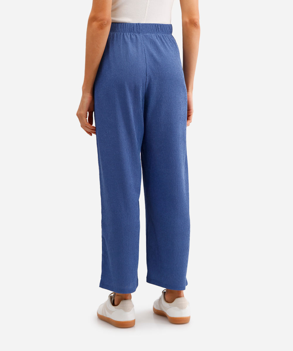 calça reta cós com elástico texturizada azul