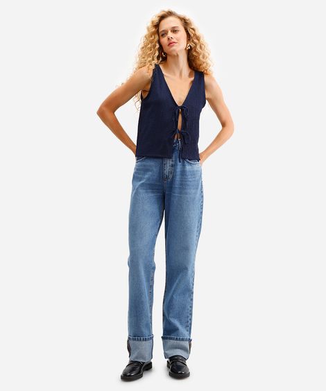 calça reta feminina jeans com barra dobrada azul