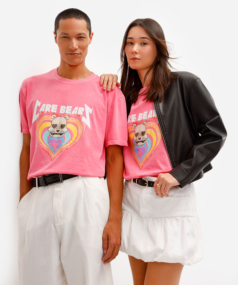 camiseta masculina de algodão ursinhos carinhosos rosa