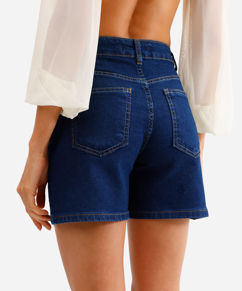short feminino jeans cintura alta azul