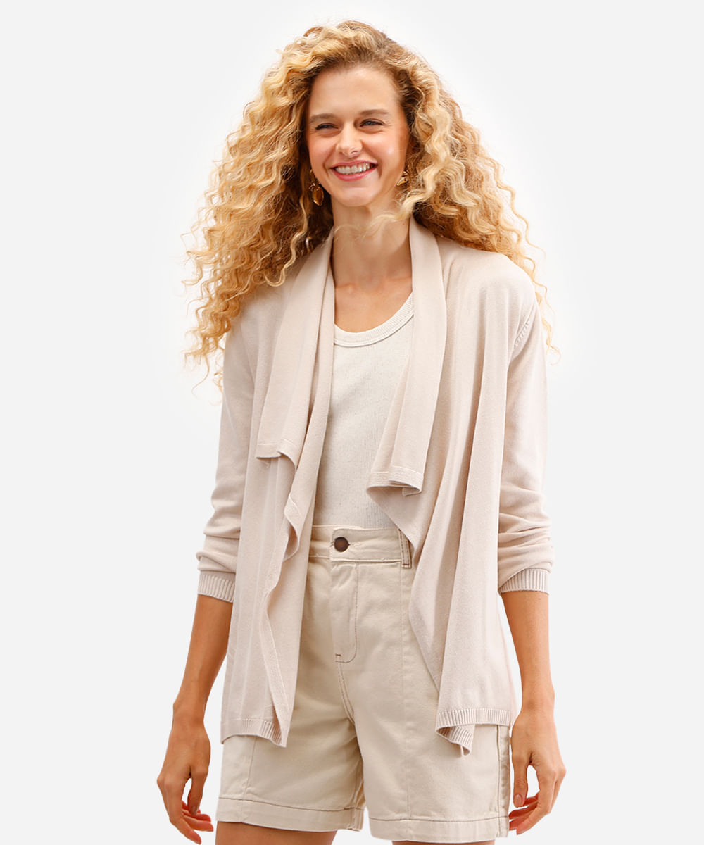 cardigan feminino de tricot manga longa bege