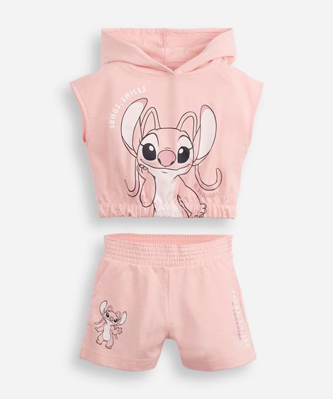 conjunto infantil curto com capuz angel rosa