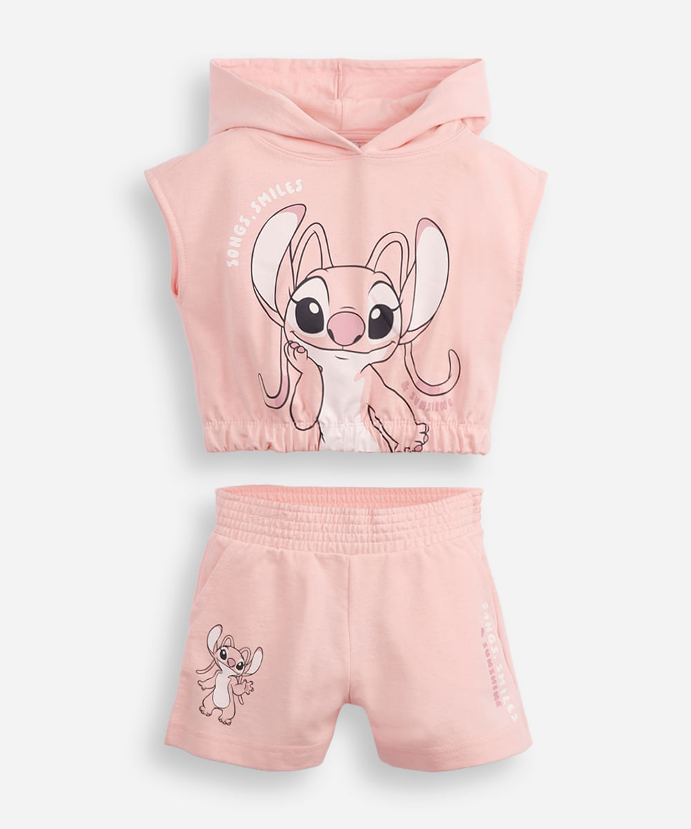 conjunto infantil curto com capuz angel rosa