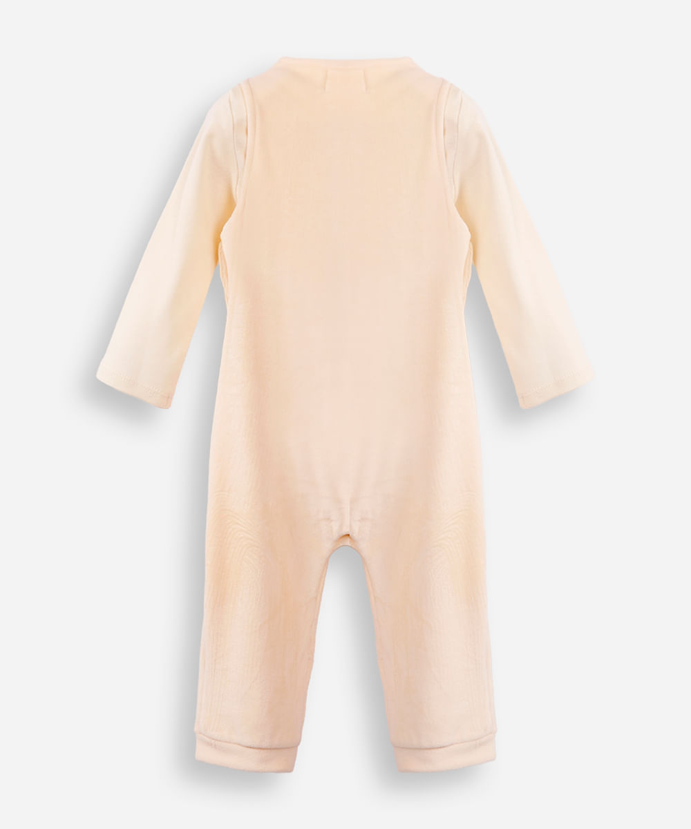 jardineira longa infantil de plush com blusa coelhinho off white