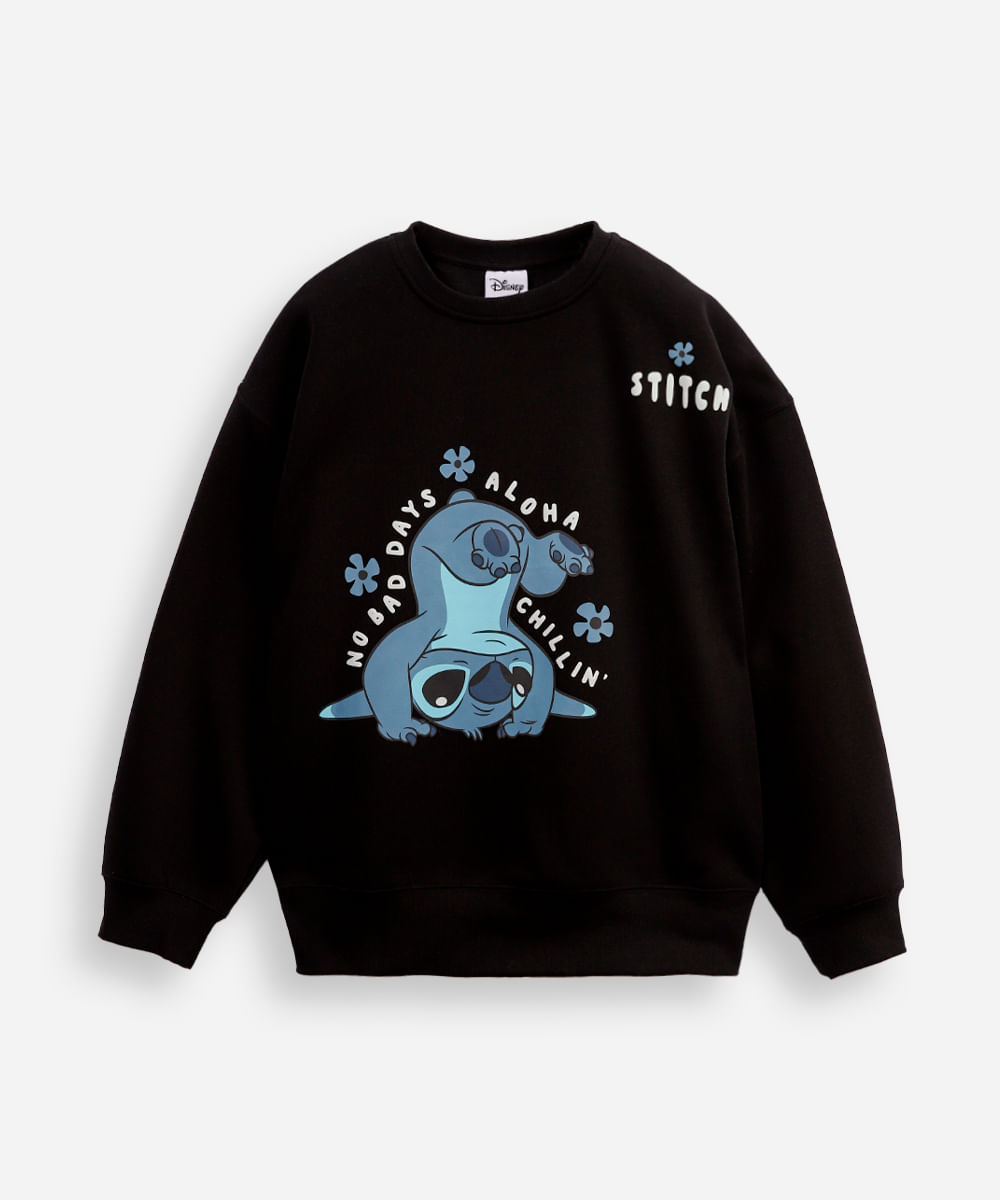 blusão oversized de moletom juvenil stitch preto