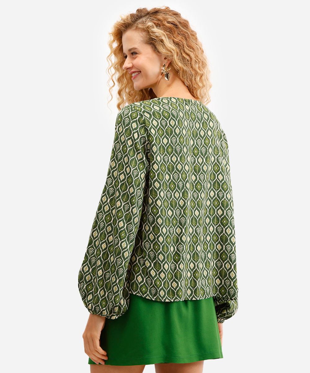 bata feminina de viscose manga longa estampada verde