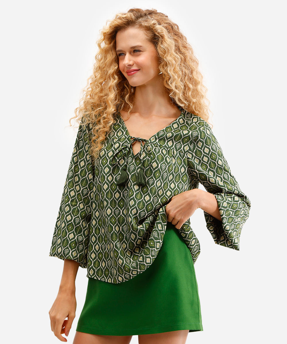 bata feminina de viscose manga longa estampada verde