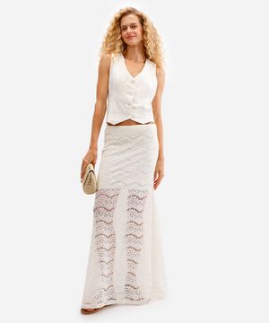 saia longa feminina de renda floral off white