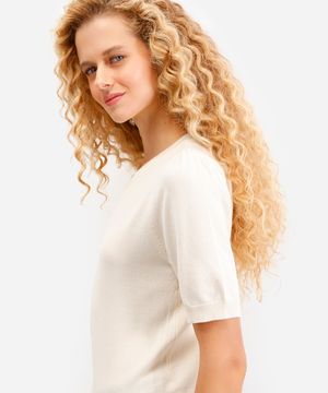 blusa feminina de tricot manga bufante bege