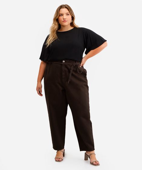 calça balloon feminina de sarja cintura média marrom