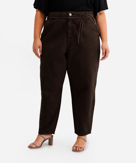 calça balloon feminina de sarja cintura média marrom
