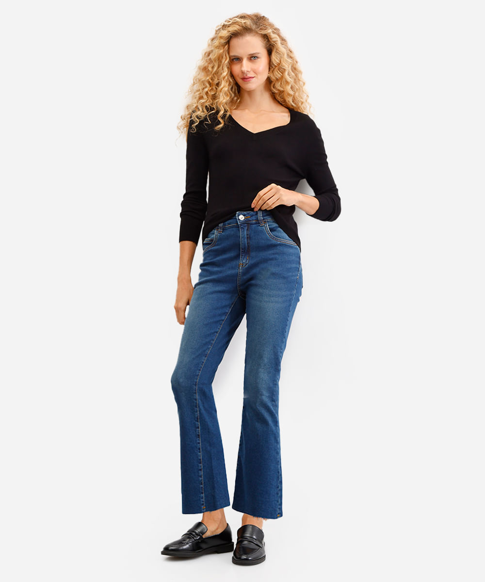 calça flare feminina jeans cropped barra a fio azul