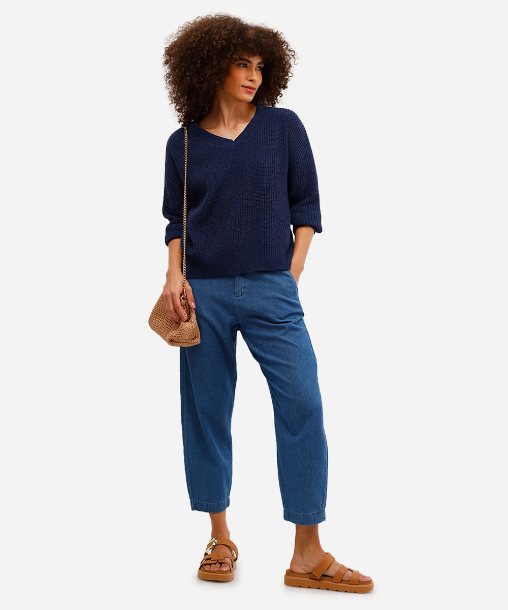 calça cenoura feminina jeans cós elástico azul