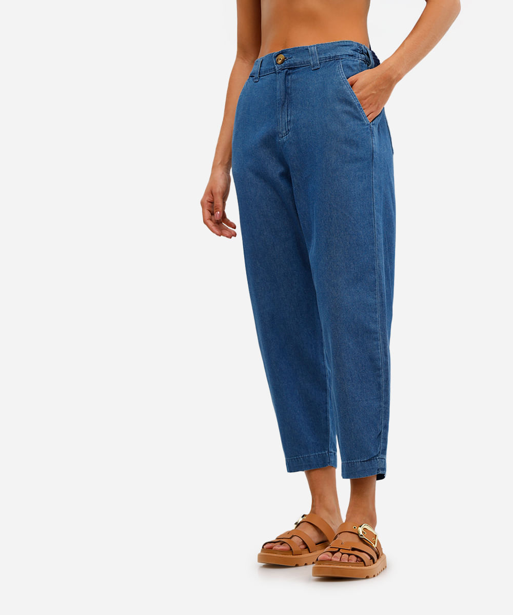 calça cenoura feminina jeans cós elástico azul
