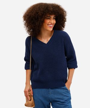 suéter feminino de tricot gola v manga longa azul