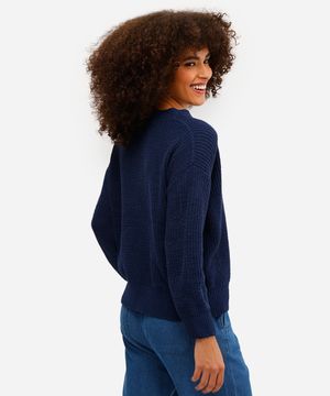 suéter feminino de tricot gola v manga longa azul