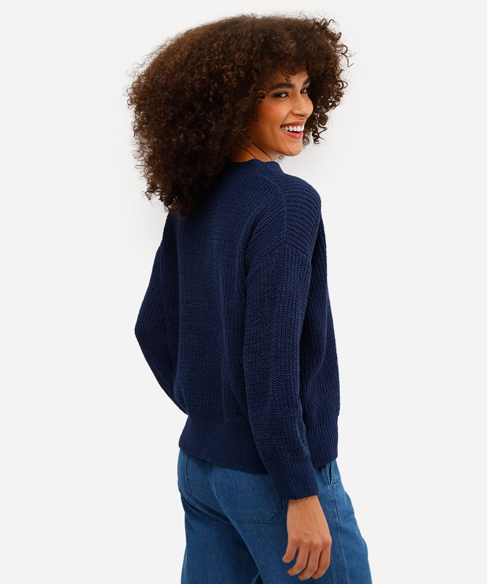 suéter feminino de tricot gola v manga longa azul