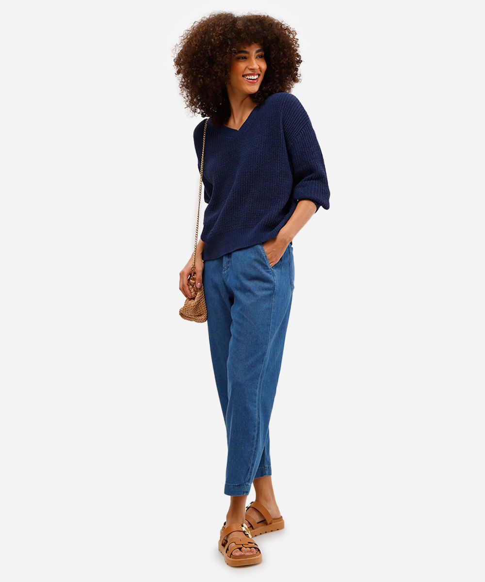 suéter feminino de tricot gola v manga longa azul