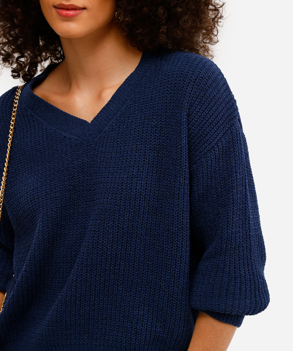 suéter feminino de tricot gola v manga longa azul
