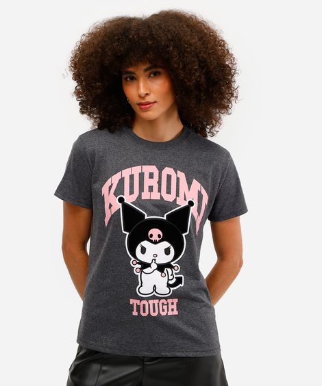 camiseta feminina com algodão hello kitty texturizada cinza