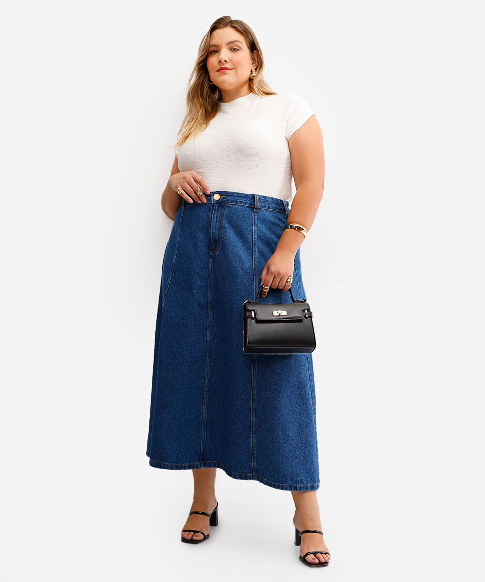 saia midi feminina jeans com recortes plus size azul