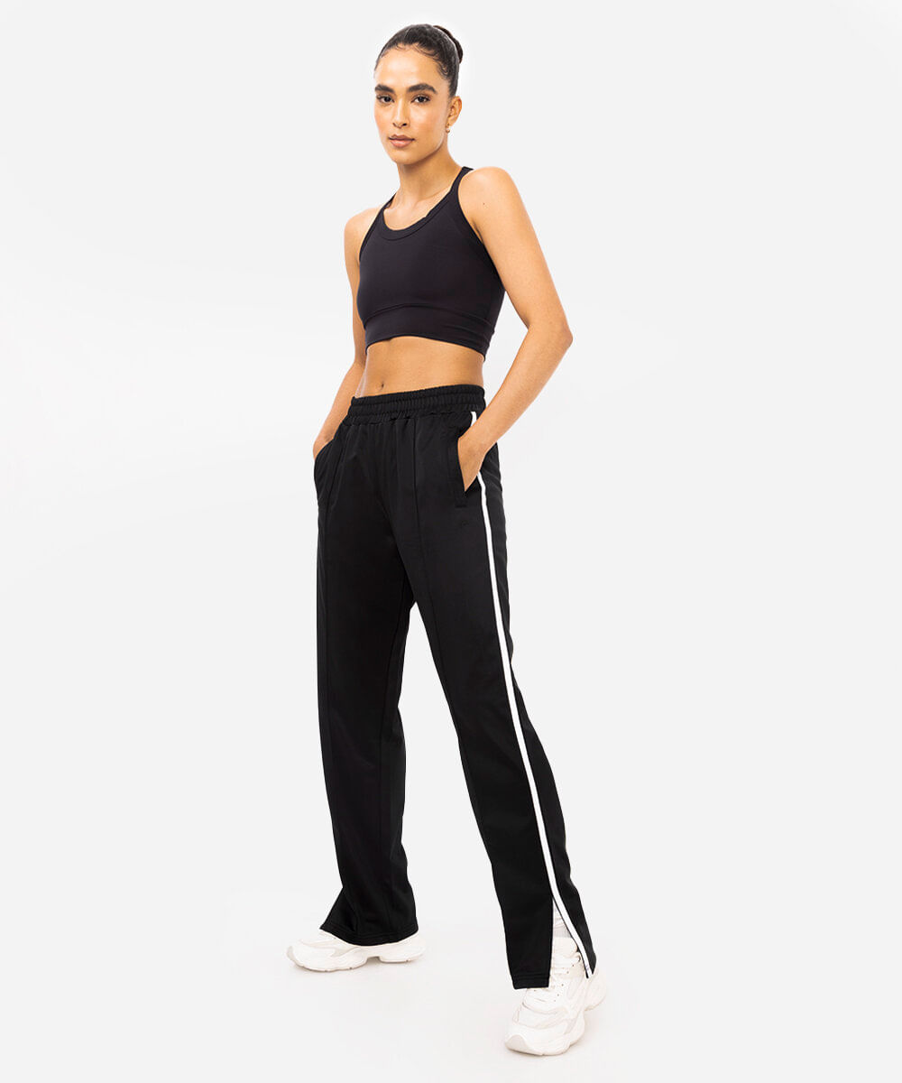 calça wide leg feminina esportiva bicolor preta