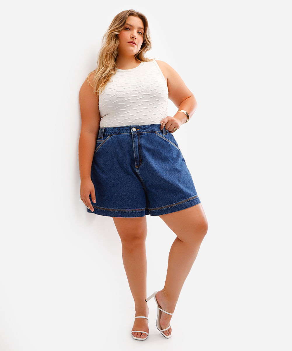 short feminino jeans cintura alta plus size - jeans escuro