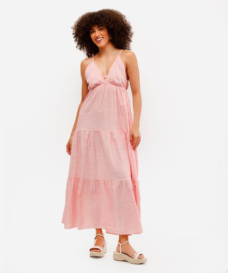 vestido longo feminino de viscose com recortes listrado vermelho