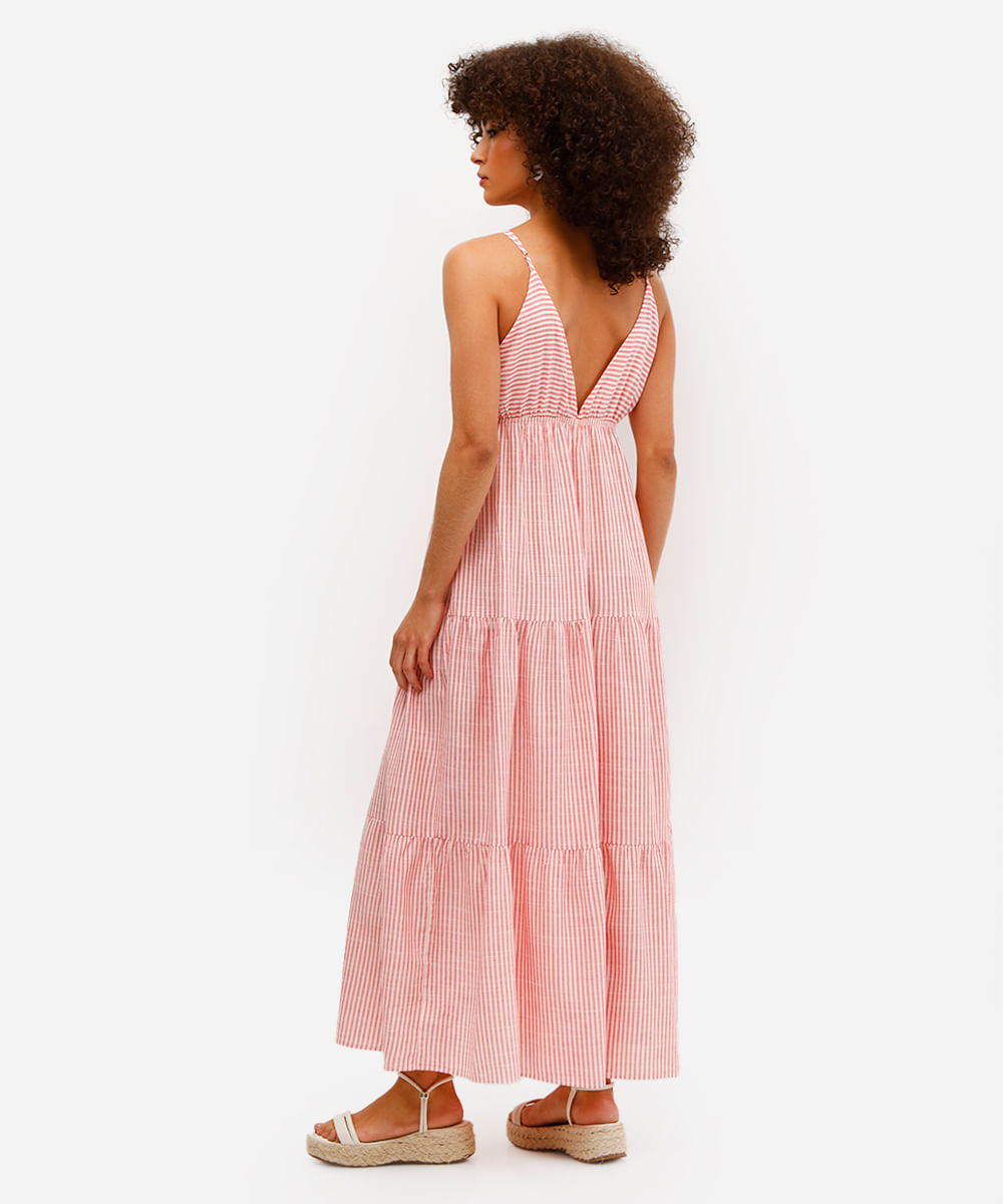 vestido longo feminino de viscose com recortes listrado vermelho