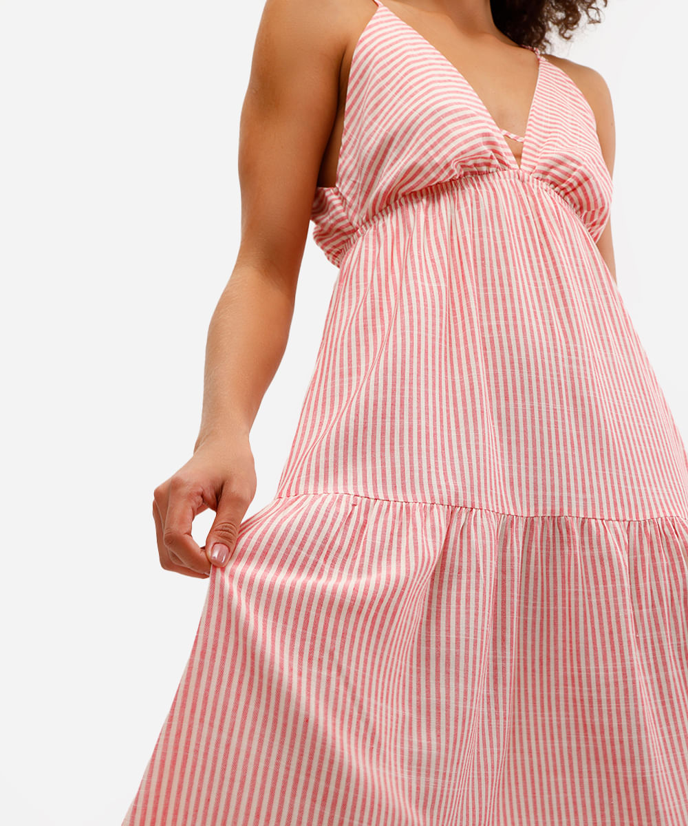 vestido longo feminino de viscose com recortes listrado vermelho