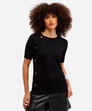 blusa feminina de tricot com botões manga curta preta