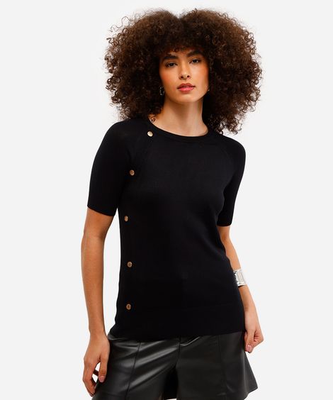 blusa feminina de tricot com botões manga curta preta