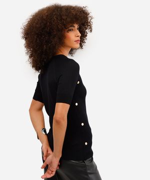 blusa feminina de tricot com botões manga curta preta