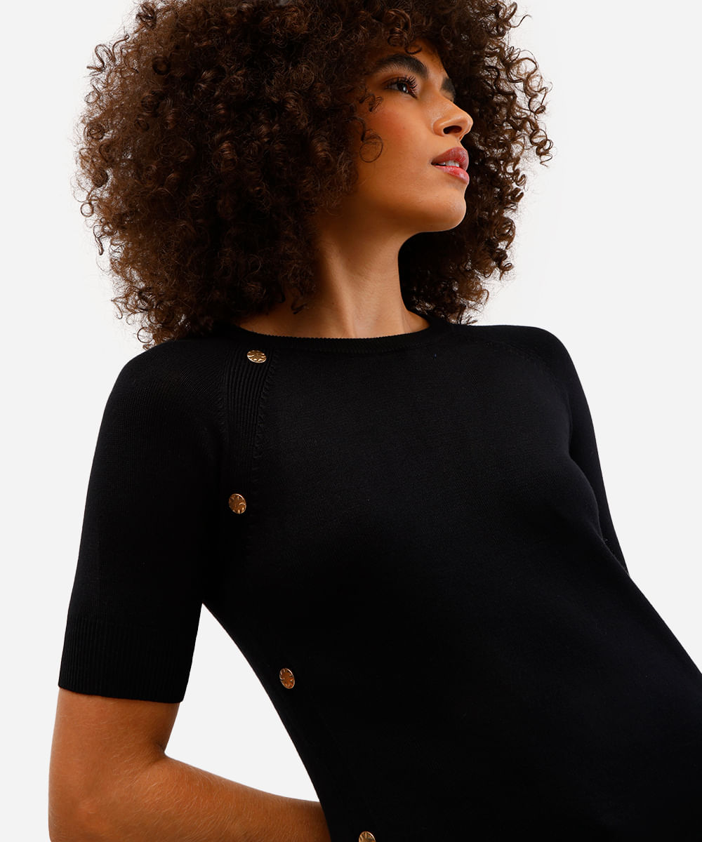 blusa feminina de tricot com botões manga curta preta