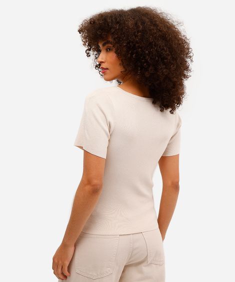 blusa de viscose decote reto manga curta bege