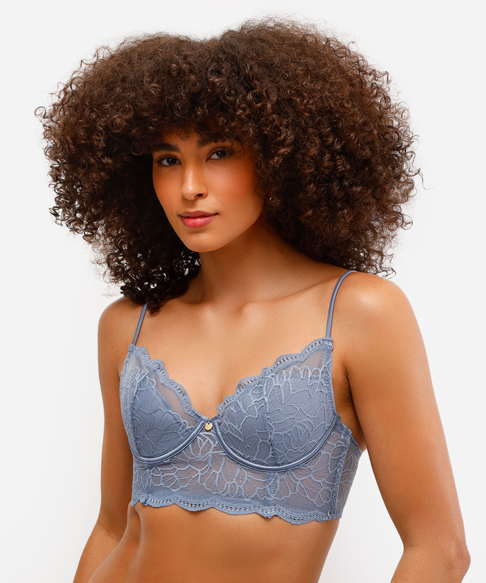 sutiã meia taça de renda floral azul