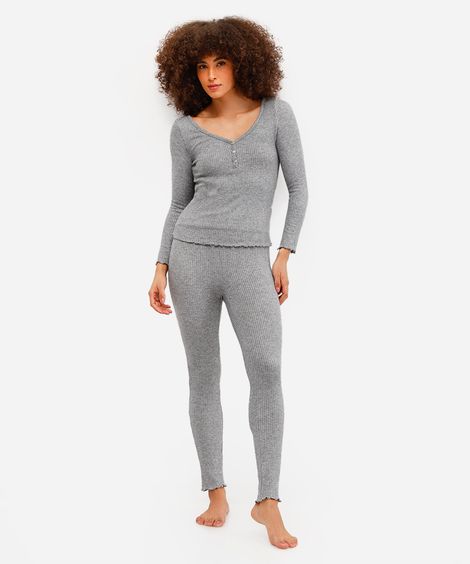 pijama longo feminino canelado com lurex cinza
