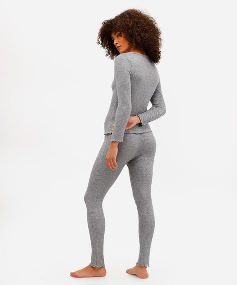 pijama longo feminino canelado com lurex cinza