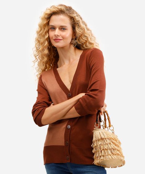 cardigan alongado feminino de tricot bicolor marrom