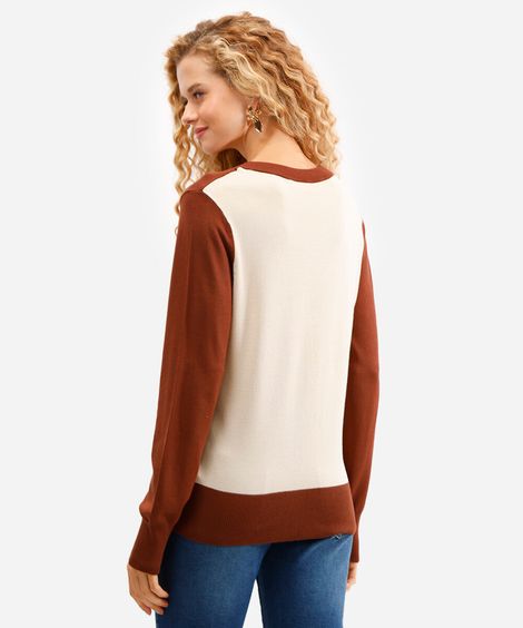 cardigan alongado feminino de tricot bicolor marrom