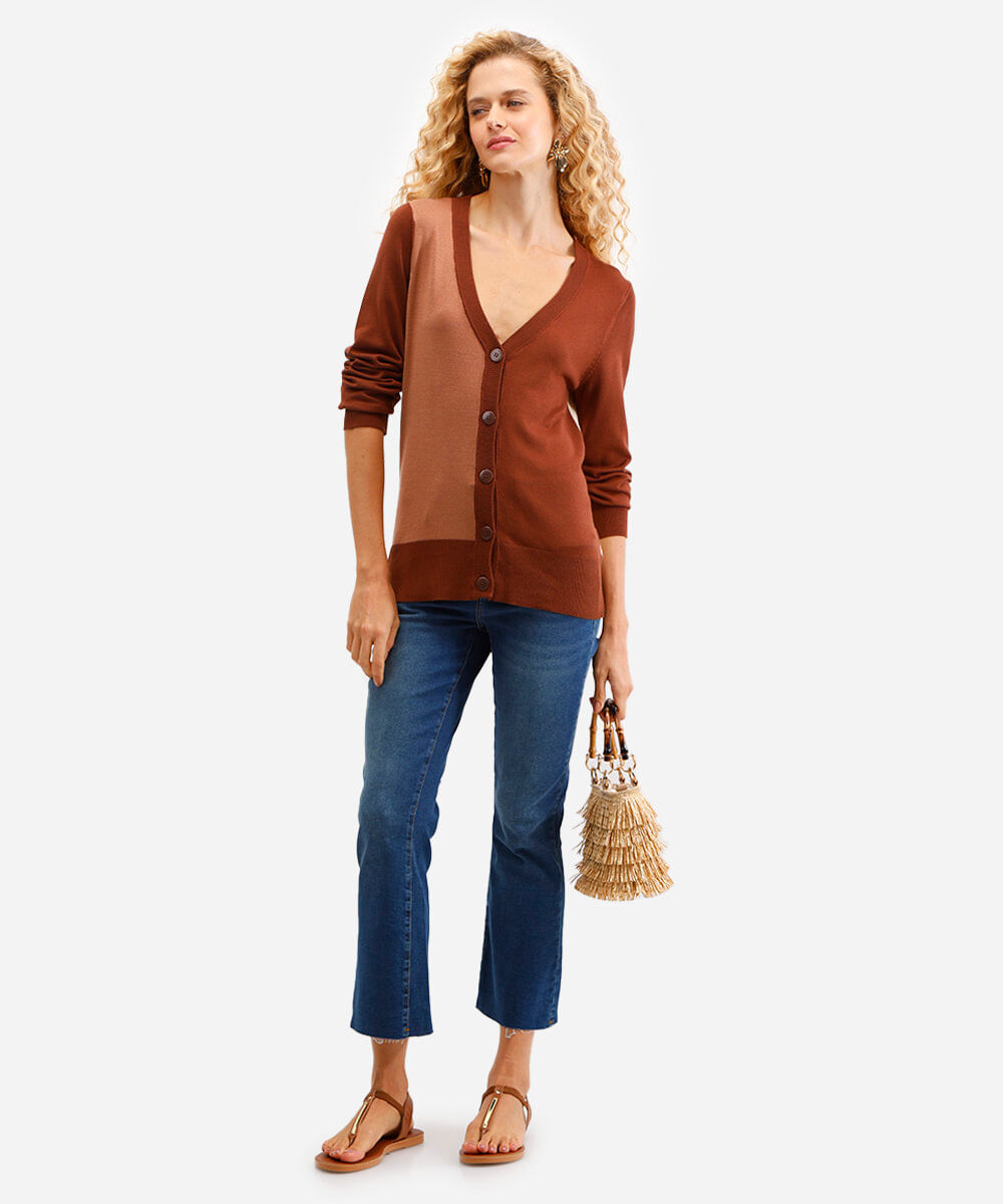 cardigan alongado feminino de tricot bicolor marrom