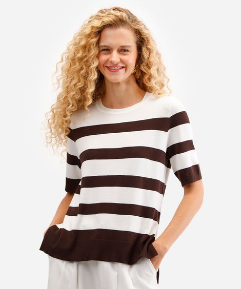 blusa feminina de tricot listrada com fendas bege