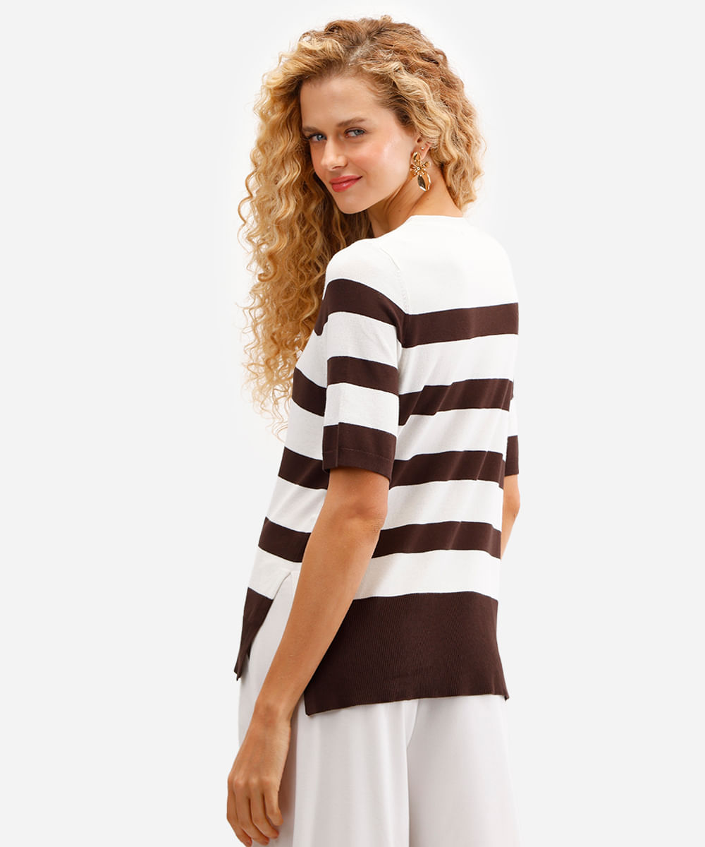 blusa feminina de tricot listrada com fendas bege