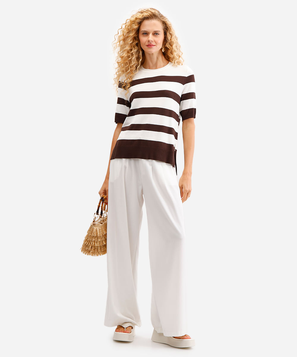 blusa feminina de tricot listrada com fendas bege